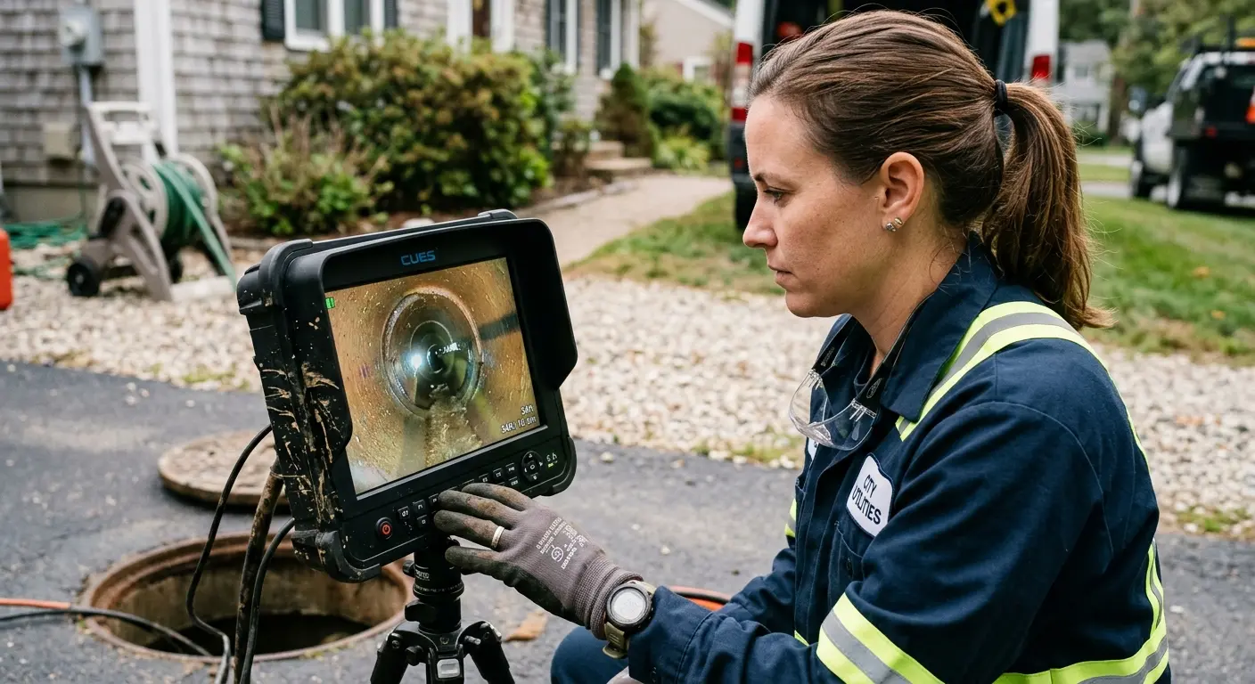 Technician reviewing sewer camera inspection footage in Tredyffrin