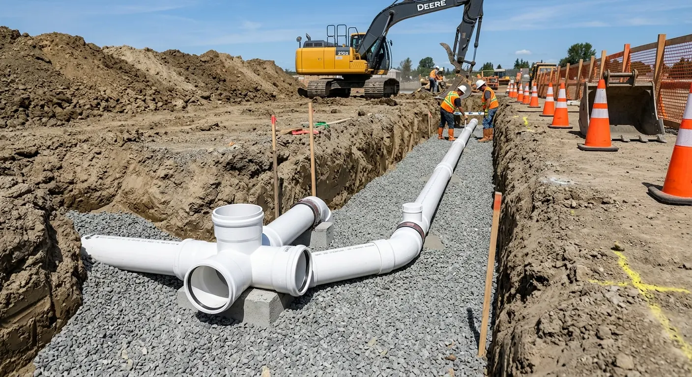 New PVC sewer pipe installation in open trench for Grease Trap Cleaning in Tredyffrin