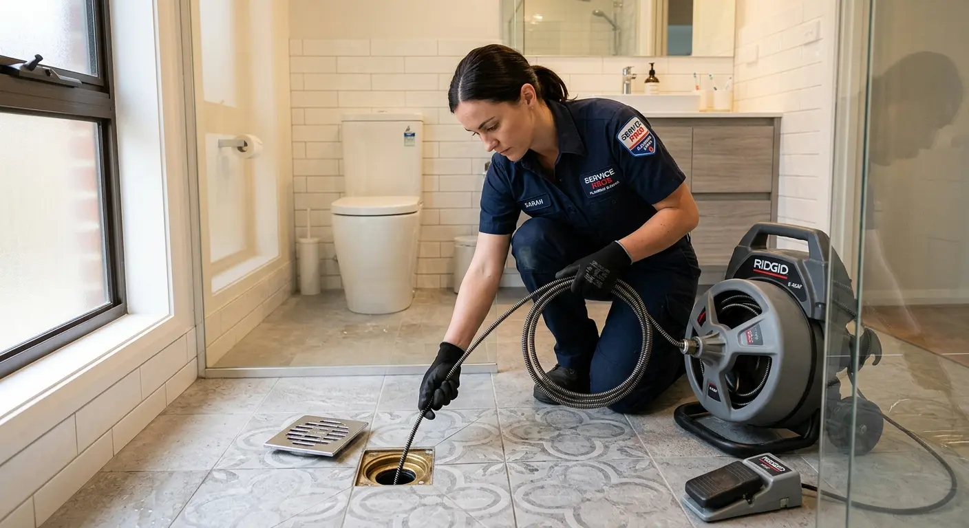 Technician clearing a bathroom floor drain for Drain Repair in Tredyffrin